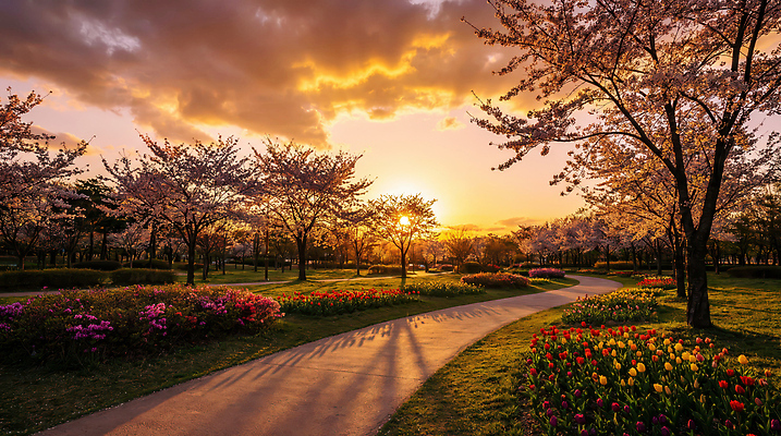 JPG 나무 식물 편집이미지 공원 꽃 봄꽃 자연 하늘 풍경 여러명 일몰 봄 산책로 튤립 벚꽃 뷰티풀 편집실사 AI포토 AI콘텐츠 계절 공공시설 길 다수 사람 노을 CG 생태계 파일형식