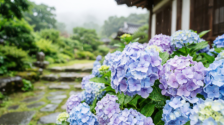 JPG 나무 식물 편집이미지 꽃잎 꽃 자연 날씨 풍경 초록색 정원 보라색 산책 물방울 수국 돌길 편집실사 AI컴퓨터그래픽 AI콘텐츠 길 컬러 휴식 CG 생태계 파일형식