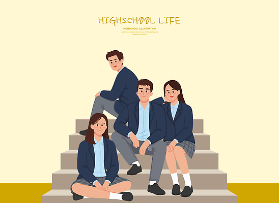학생 여자 남자 교복 일러스트 학교 모션 청소년 고등학생 고등학교 대화 웃음 계단 우정 모임 시간 즐거움 학창시절 소통 동아리 순간 국내일러스트 AI파일 옷 교육 감정 컨셉 표정 말하기 사람 친구 파일형식 벡터