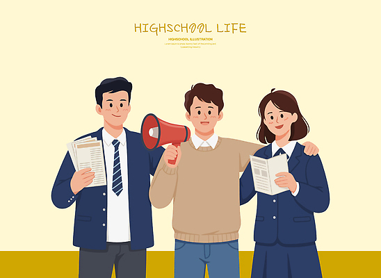 학생 교육 교복 일러스트 학교 모션 청소년 고등학생 협력 고등학교 대화 책 친구 학습 확성기 모임 발표 그룹 준비 과제 소통 발표회 국내일러스트 AI파일 옷 컨셉 관계 말하기 사람 파일형식 벡터