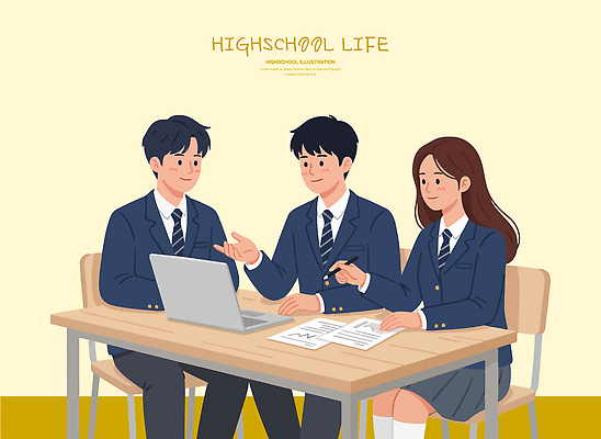 학생 교복 일러스트 탁자 고등학생 협력 함께함 고등학교 이야기 대화 앉기 친구 노트북 학습 그룹 토론 과제 성별 국내일러스트 AI파일 옷 교육 가구 컨셉 학교 관계 모션 청소년 말하기 전자제품 파일형식 벡터
