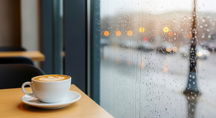 자연요소 식기 감정 음료 가구 날씨 라이프 상점 CG 파일형식 AI콘텐츠 커피 창문 카페 탁자 잔 거리 빛 사람 물방울 오후 여유 일상 편집이미지 편집실사 JPG 비 AI포토