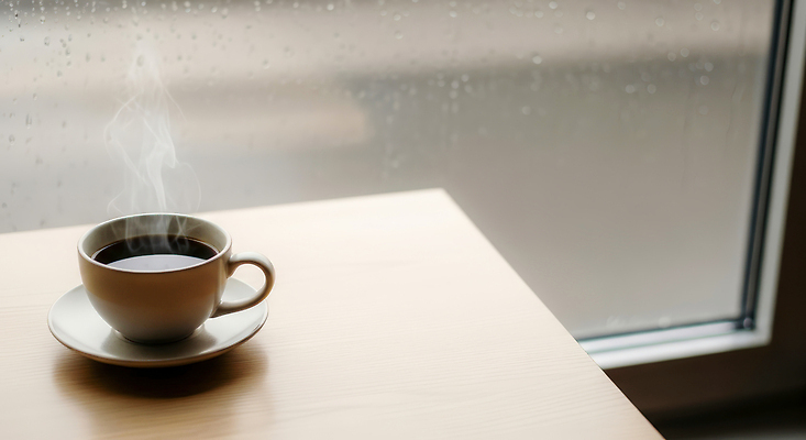 주간 자연요소 음료 컨셉 창문 날씨 상점 CG 파일형식 AI콘텐츠 커피 창가 뜨거움 수증기 차가움 시간 카페 내부 아침 오후 안락 순간 편집이미지 편집실사 JPG 비 AI포토