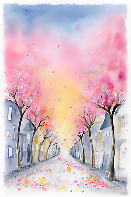 나무 식물 계절 꽃 컨셉 거리 풍경 벚꽃 파일형식 AI콘텐츠 봄 꽃잎 그림 컬러 하늘 떨어짐 이동 감상 예술 수채화 밝음 거리풍경 사람없음 일러스트 국내일러스트 JPG 벚나무 AI일러스트