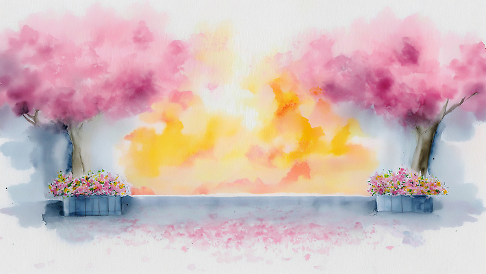 자연요소 나무 식물 계절 꽃 컬러 노을 벚꽃 감각 생태계 파일형식 AI콘텐츠 봄 정원 풍경 그림 예술 뷰티풀 자연 하늘 분홍색 일몰 편안함 일러스트 국내일러스트 JPG 벚나무 수채화 AI일러스트