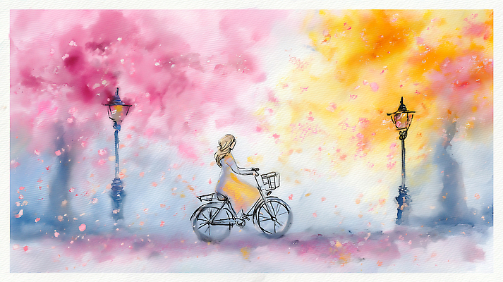 나무 식물 계절 공공시설 길 컬러 컨셉 거리 사람 풍경 라이프 바이크 벚꽃 생태계 파일형식 AI콘텐츠 자전거 여자 꽃길 가로등 분홍색 노란색 봄 이동 모션 도시 일상 밝은색 자연 생동감 휴식 거리풍경 일러스트 국내일러스트 JPG 벚나무 수채화 AI일러스트
