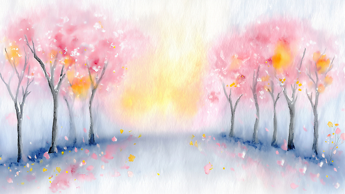 자연요소 나무 식물 계절 꽃 컨셉 문화예술 벚꽃 그림 생태계 파일형식 AI콘텐츠 봄 노을 길 풍경 자연 꽃잎 떨어짐 하늘 컬러 수채화 예술 감정 거리 풍경화 미술 일러스트 국내일러스트 JPG 벚나무 AI일러스트