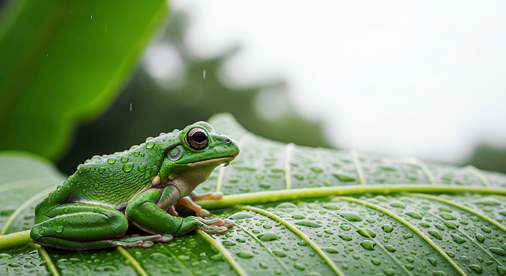 식물 컬러 모션 날씨 개구리 양서류 절기 CG 생태계 파일형식 AI콘텐츠 잎 자연 물방울 흐림 습기 초록색 앉기 환경 생물 동물 숲 편집이미지 편집실사 JPG 경칩 청개구리 AI포토