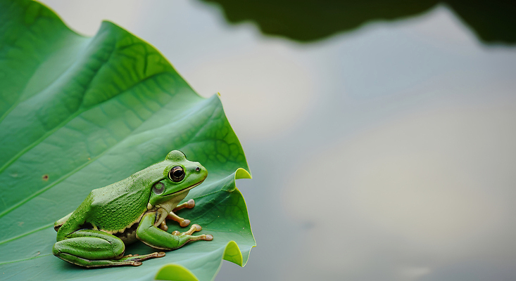 자연요소 컬러 잎 개구리 양서류 절기 CG 생태계 파일형식 AI콘텐츠 연못 연잎 물 하늘 생물 자연 환경 동물 초록색 청소 식물 편집이미지 편집실사 JPG 경칩 청개구리 AI포토