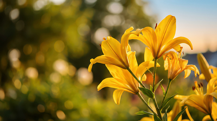 식물 계절 꽃 컬러 태양 CG 생태계 파일형식 AI콘텐츠 노란색 정원 자연 하늘 잔디 나무 오후 여름 햇빛 야외 편집이미지 편집실사 JPG 백합 AI포토