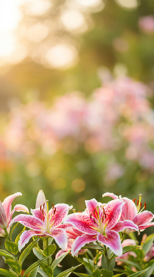 식물 계절 꽃 컬러 태양 야간 CG 생태계 파일형식 AI콘텐츠 정원 분홍색 저녁 햇빛 자연 봄 여름 화초 밝음 뷰티풀 편집이미지 편집실사 JPG 백합 AI포토