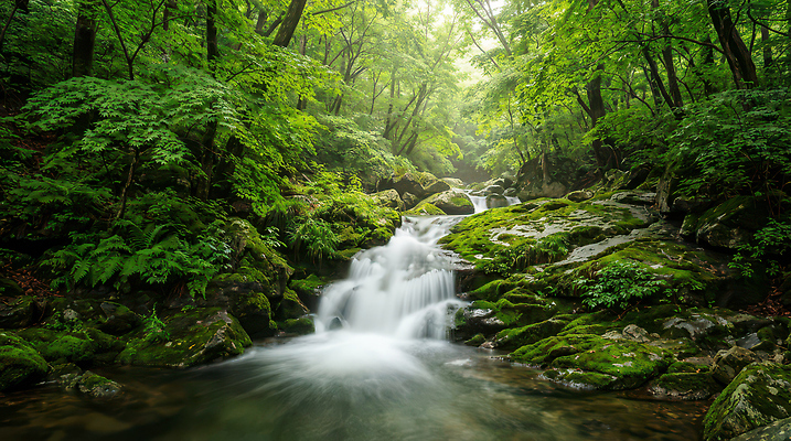 자연요소 식물 컬러 컨셉 자연 날씨 강 숲 CG 생태계 파일형식 AI콘텐츠 개울 나무 물 흐름 소리 초록색 돌_바위 산 풍경 맑음 편집이미지 편집실사 JPG 폭포 숲속 AI포토