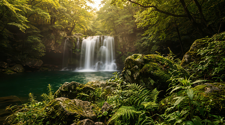 식물 컬러 컨셉 자연 풍경 숲 CG 생태계 파일형식 AI콘텐츠 폭포 나무 환경 경관 흐름 초록색 수중식물 조경 편집이미지 편집실사 JPG 숲속 AI포토
