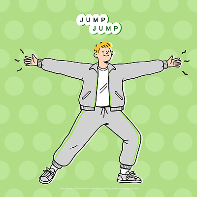 옷 감정 컬러 모션 사람 내부 파일형식 벡터 점프 남자 운동복 실내 초록색 즐거움 스타일 캐주얼 스포츠 건강 에너지 표현 유머 일러스트 국내일러스트 AI파일