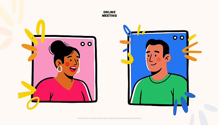 컨셉 회사 비즈니스 말하기 사람 작업 파일형식 벡터 남자 여자 대화 스크린 원격 직장 협력 소통 표정 업무 교양 기술 현재 일러스트 국내일러스트 AI파일 회의 온라인