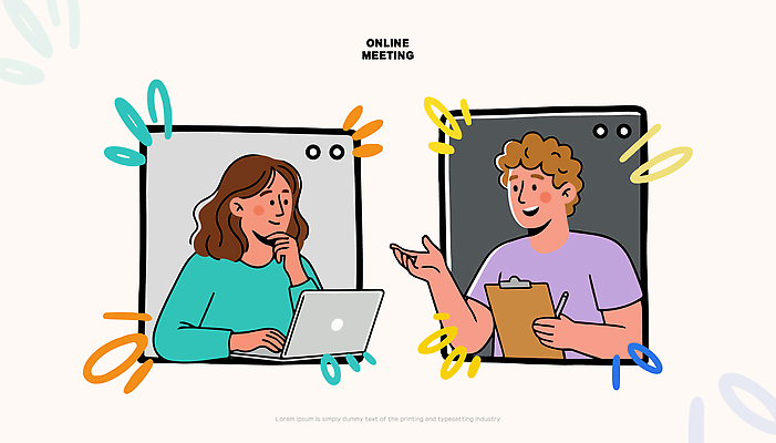 컨셉 회사 비즈니스 말하기 사람 전자제품 작업 통화 파일형식 벡터 온라인 회의 남자 여자 노트북 소통 스크린 종이 이야기 생각 영상통화 연결 직장 업무 대화 협력 정보 질문 일러스트 국내일러스트 AI파일