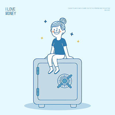 자연요소 여자 감정 어린이 컬러 컨셉 모션 표정 안전 경제 재산 파일형식 벡터 금고 소녀 돈 사랑 미소 별 앉기 반짝임 백그라운드 파란색 그림 단순화된 캐릭터 금융 보안 귀여움 상징 동화 일러스트 국내일러스트 AI파일