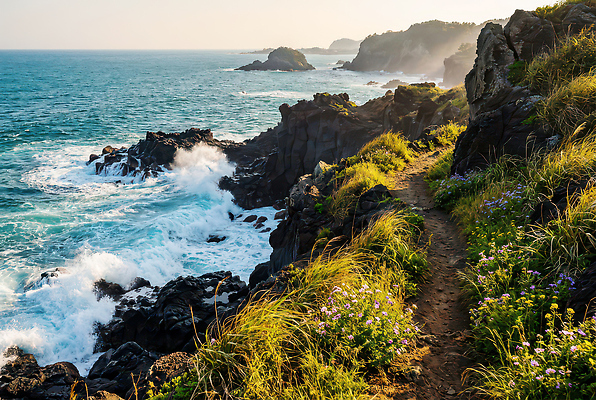 JPG 편집이미지 꽃 길 파도 바다 컬러 자연 하늘 산 풍경 해변 제주도 일몰 돌_바위 편집실사 AI포토 AI콘텐츠 식물 한국 노을 CG 생태계 파일형식