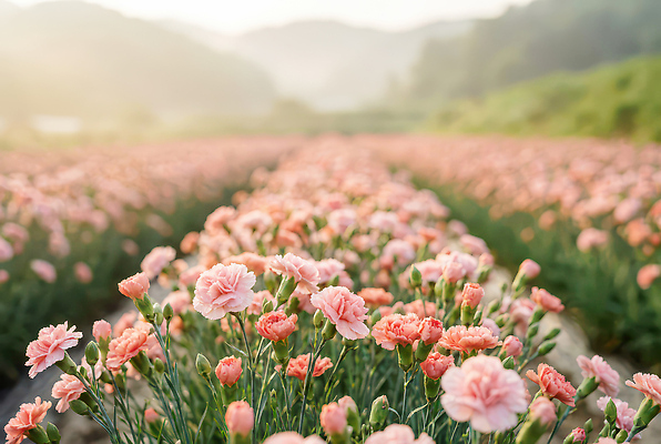 JPG 식물 편집이미지 꽃 분홍색 컬러 꽃밭 자연 산 풍경 햇빛 봄 어버이날 스승의날 카네이션 화단 지역 뷰티풀 편집실사 AI포토 AI콘텐츠 계절 기념일 태양 CG 생태계 파일형식
