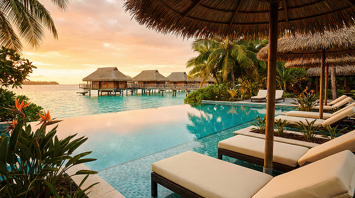 JPG 나무 편집이미지 바다 섬 숙소 리조트 휴식 수영장 풍경 해변 야외 햇빛 평화 일몰 고급 저녁 편집실사 AI포토 AI콘텐츠 식물 컨셉 태양 노을 야간 CG 파일형식