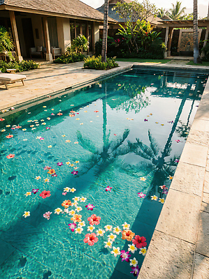 JPG 나무 편집이미지 꽃 자연 리조트 주택 수영장 풍경 야외 장식 여름 햇빛 정원 수중 수영 고급 편집실사 AI포토 AI콘텐츠 식물 계절 컨셉 건물 태양 수상스포츠 CG 생태계 파일형식