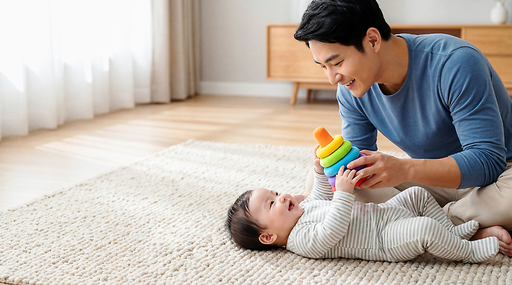 JPG 편집이미지 행복 어린이 가족 놀이 바닥 웃음 장난감 햇빛 카펫 방 육아 아기 시간 아빠 오후 의료성형뷰티 편집실사 AI인물포토 AI콘텐츠 감정 관계 표정 사람 태양 CG 파일형식 AI포토
