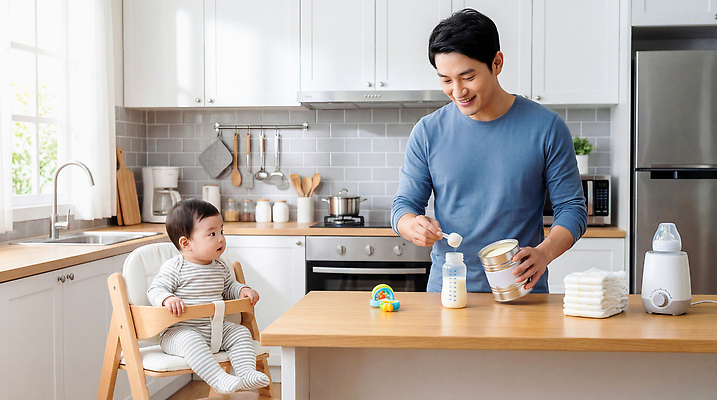 JPG 편집이미지 어린이 가족 놀이 사랑 일상 부모 주방 아기용품 육아 우유 아기 아빠 계산대 준비 아기의자 의료성형뷰티 편집실사 AI인물포토 AI콘텐츠 감정 의자 관계 유제품 사람 라이프 CG 오브젝트 파일형식 AI포토