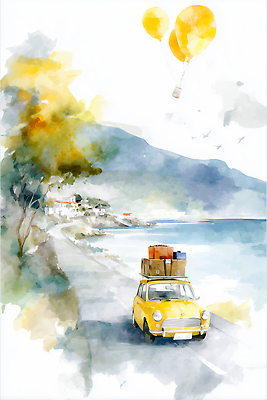 JPG 나무 바다 여행 이동 일러스트 자연 하늘 수채화 산 풍경 해변 물 여름 짐 도시 해안도로 풍선 국내일러스트 AI일러스트 AI콘텐츠 자연요소 식물 계절 도로 컨셉 생태계 파일형식