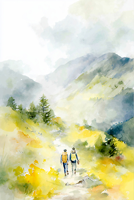 JPG 나무 길 여행 백그라운드 일러스트 자연 수채화 산 사람 풍경 초원 여름 걷기 등산 하이킹 금색 탐험 등산객 산길 오후 국내일러스트 AI일러스트 AI콘텐츠 식물 계절 컬러 모션 레저 트래킹 생태계 파일형식