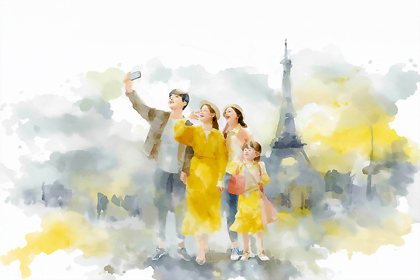 JPG 해외 건축물 행복 여행 일러스트 가족 수채화 함께함 웃음 여러명 여름 도시 에펠탑 셀프카메라 즐거움 가족사진 파리 기념촬영 오후 국내일러스트 AI일러스트 AI콘텐츠 계절 건축 감정 다수 컨셉 관계 표정 사람 사진촬영 랜드마크 파일형식 단체사진