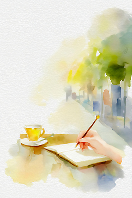 JPG 손 음료 예술 일러스트 탁자 휴식 수채화 따뜻함 풍경 일상 컵 펜 공책 카페 쓰는 그림 조용 사색 색채 오후 창의력 국내일러스트 AI일러스트 AI콘텐츠 식기 가구 컨셉 생각 문구용품 라이프 신체부위 필기구 상점 파일형식