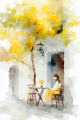 JPG 나무 여자 예술 의자 일러스트 탁자 아침 휴식 조명 수채화 거리 풍경 일상 책 여름 독서 햇빛 카페 그림 오후 국내일러스트 AI일러스트 AI콘텐츠 주간 식물 계절 가구 컨셉 사람 라이프 태양 상점 파일형식