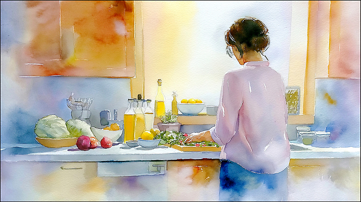 JPG 그릇 여자 채소 과일 일러스트 식재료 모션 수채화 건강 요리 내부 일상 주방 식사 도구 신선 준비 과일바구니 다듬기 국내일러스트 AI일러스트 AI콘텐츠 식기 사람 라이프 바구니 파일형식