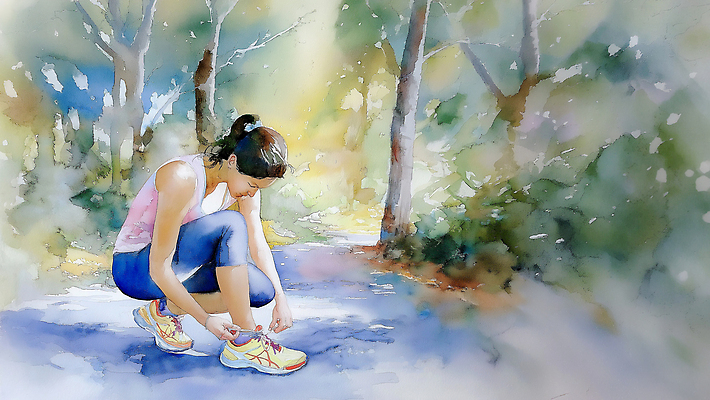 JPG 나무 여자 운동화 일러스트 모션 자연 수채화 거리 건강 조깅 운동 햇빛 산책 시간 묶기 체육 준비 일과 산길 국내일러스트 AI일러스트 AI콘텐츠 식물 길 신발 휴식 사람 태양 생태계 파일형식