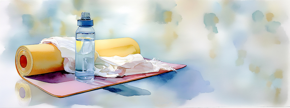 JPG 포즈 일러스트 수채화 건강 물 운동복 수건 운동 운동기구 헬스 스트레칭 매트 물병 클럽 준비 체육관 생활습관 수분_꽃가루 국내일러스트 AI일러스트 AI콘텐츠 자연요소 옷 위생용품 물통 습관 파일형식