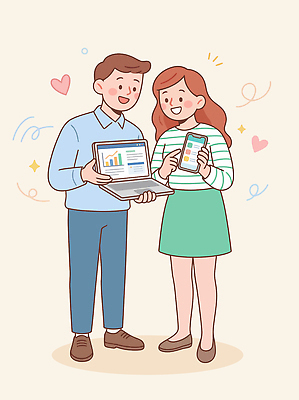 커플 여자 남자 일러스트 표시 그래프 대화 사랑 웃음 장식 노트북 스마트폰 자료 정보 결과 분석 즐거움 장면 소통 국내일러스트 AI파일 감정 컨셉 관계 표정 말하기 사람 전자제품 핸드폰 스마트기기 파일형식 벡터