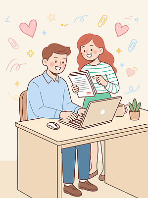 식물 여자 남자 행복 일러스트 탁자 협력 대화 웃음 장식 친구 컴퓨터 사무실 키보드 마우스 작업 도움 문서 국내일러스트 AI파일 감정 가구 컨셉 비즈니스 관계 표정 말하기 사람 전자제품 컴퓨터용품 파일형식 벡터