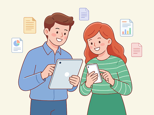 컨셉 말하기 사람 전자제품 핸드폰 스마트기기 업무 파일형식 벡터 남자 여자 대화 태블릿 스마트폰 사무 문서 기계 정보 스크린 표시 그래프 자료 분석 협력 기술 비즈니스 프레젠테이션 일러스트 국내일러스트 AI파일