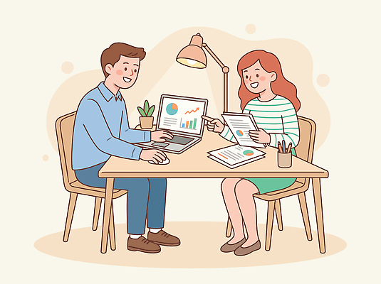 가구 컨셉 비즈니스 말하기 전자제품 파일형식 벡터 사람 책상 컴퓨터 노트북 문서 작업 대화 사무실 협력 회의 자료 정리 조명 식물 아이디어 창의성 정보 분석 그래프 일러스트 국내일러스트 AI파일