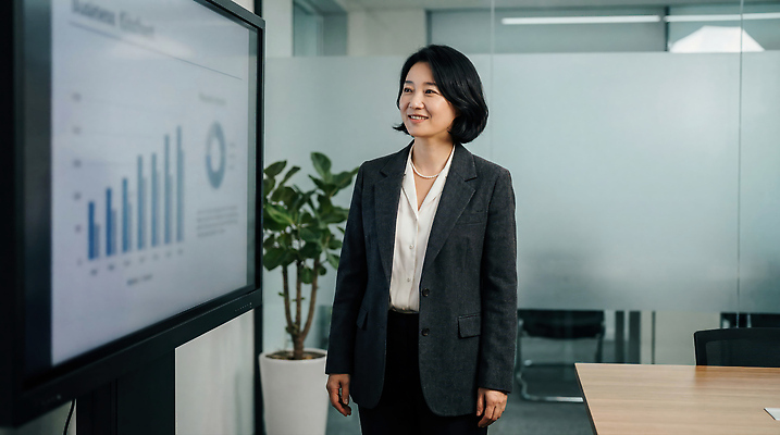 직업 옷 컨셉 회사 비즈니스 관계 말하기 사람 작업 CG 파일형식 AI포토 여자 발표 회의 그래프 사무실 동료 스크린 전문 직장 대화 자료 분석 업무 편집실사 편집이미지 JPG 직장인 정장 CEO 의료성형뷰티 AI콘텐츠 AI인물포토