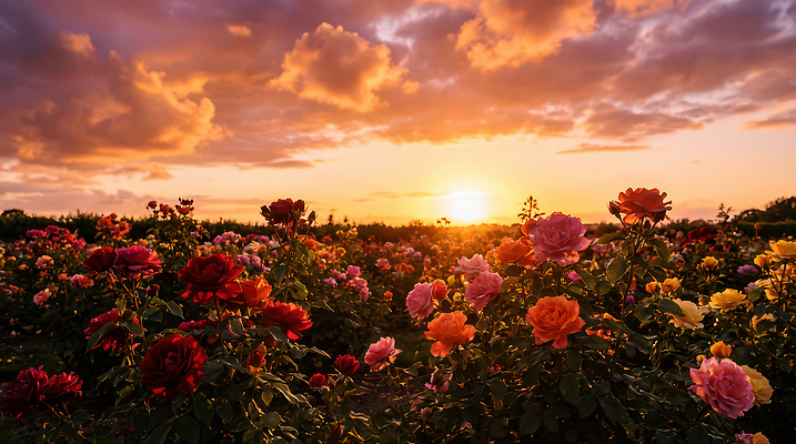 식물 꽃 농업 태양 노을 야간 CG 생태계 파일형식 AI콘텐츠 장미 일몰 밭 하늘 햇빛 저녁 컬러 자연 풍경 정원 조명 편집실사 편집이미지 JPG AI포토