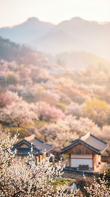식물 계절 꽃 다수 한옥 사람 건물 마을 CG 생태계 파일형식 AI콘텐츠 봄 전통 주택 풍경 나무 방문 따뜻함 자연 산 평원 여러명 꽃구경 편집실사 편집이미지 JPG 한옥마을 매화 AI포토