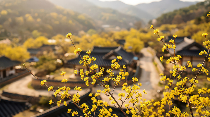 식물 계절 꽃 아시아 컬러 컨셉 한옥 건물 마을 CG 생태계 파일형식 AI콘텐츠 봄 풍경 산 자연 거리 나무 금색 한국 여행 휴식 구경 주택 편집실사 편집이미지 JPG 한옥마을 산수유 AI포토