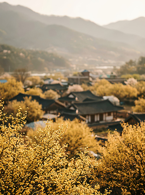 식물 계절 꽃 컬러 한옥 태양 마을 CG 생태계 파일형식 AI콘텐츠 봄 노란색 전통 풍경 시골 산 햇빛 언덕 만개 자연 거리 사람 하늘 편집실사 편집이미지 JPG 한옥마을 산수유 AI포토
