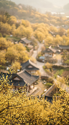 식물 계절 꽃 아시아 컬러 한옥 건물 마을 CG 생태계 파일형식 AI콘텐츠 한국 전통 풍경 노란색 주택 나무 자연 길 여행 문화 편집실사 편집이미지 JPG 한옥마을 봄 산수유 AI포토