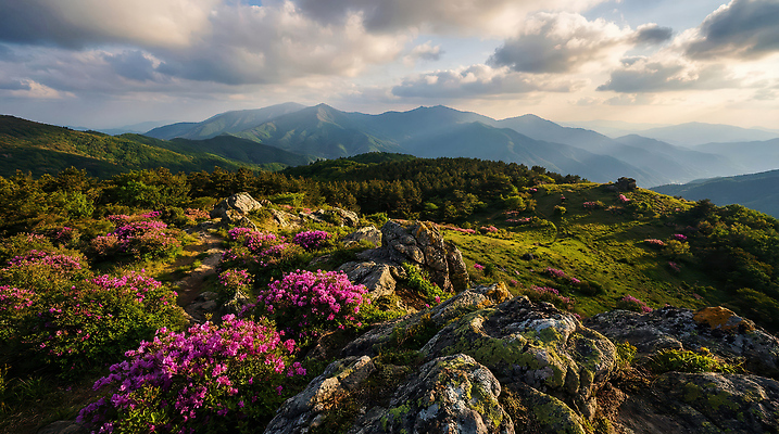 식물 계절 산 태양 CG 생태계 철쭉 파일형식 AI콘텐츠 꽃 풍경 자연 정상 봄 햇빛 대기 산맥 화초 여행 편집실사 편집이미지 JPG 산철쭉 AI포토