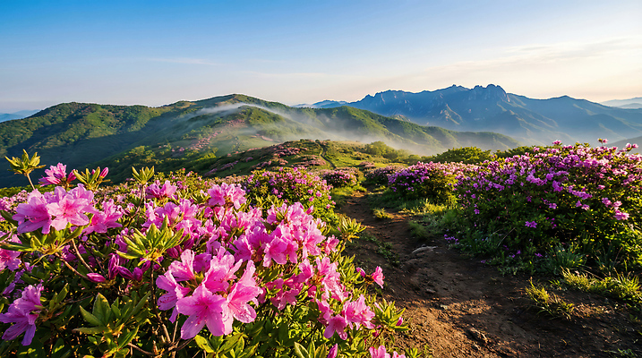 자연요소 식물 계절 꽃 길 컬러 레저 날씨 산 트래킹 CG 생태계 철쭉 파일형식 AI콘텐츠 봄 진달래 하이킹 등산 풍경 사람 산길 자연 안개 바람 나무 초록색 산맥 편집실사 편집이미지 JPG 산철쭉 AI포토