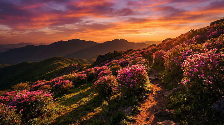 식물 길 다수 컨셉 모션 날씨 사람 파란색 노을 야간 CG 생태계 철쭉 파일형식 AI콘텐츠 일몰 산길 하늘 여러명 걷기 자연 풍경 저녁 하늘색 흐림 꽃 숲 휴식 편집실사 편집이미지 JPG 산철쭉 산 AI포토