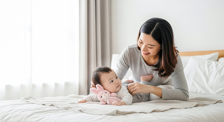 감정 가구 컨셉 가족 관계 모션 표정 사람 감각 CG 파일형식 AI포토 아기 엄마 인형 침대 방 미소 놀기 귀여움 사랑 시간 편안함 화목 어린이 편집이미지 편집실사 JPG 육아 의료성형뷰티 AI콘텐츠 AI인물포토