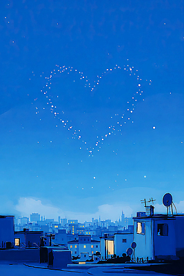 자연요소 모양 건축물 감정 모션 하늘 파란색 야간 파일형식 AI콘텐츠 별 하트 저녁 도시 건물 풍경 사랑 하늘색 빛 장면 조명 어둠 우주 관찰 일러스트 국내일러스트 JPG 밤하늘 AI일러스트